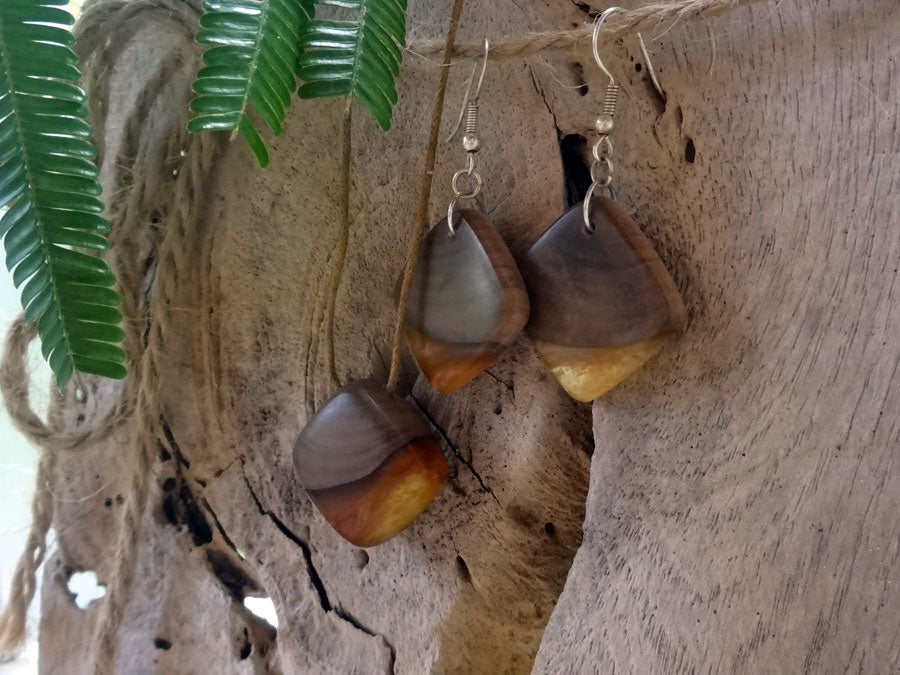 Set with earrings and pendant in driftwood and resin