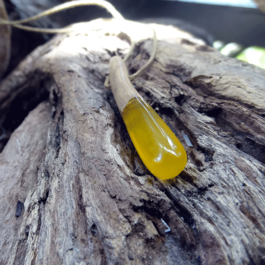 Driftwood with yellow resin