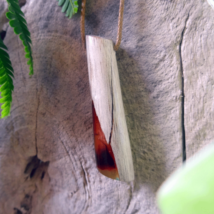 Driftwood with red and yellow resin