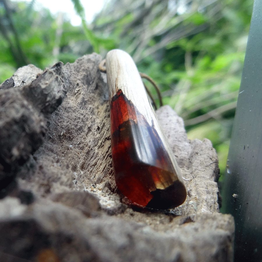 Driftwood with red and yellow resin