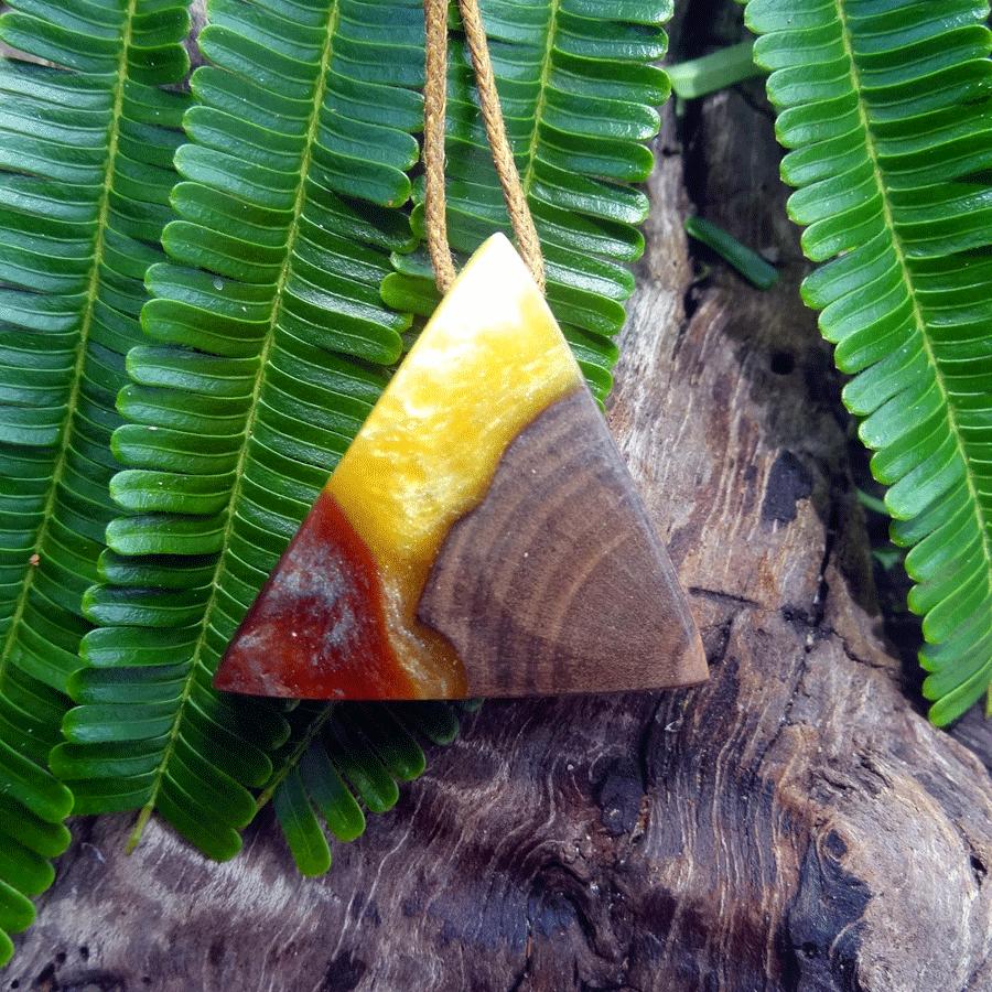 Driftwood with yellow and red resin