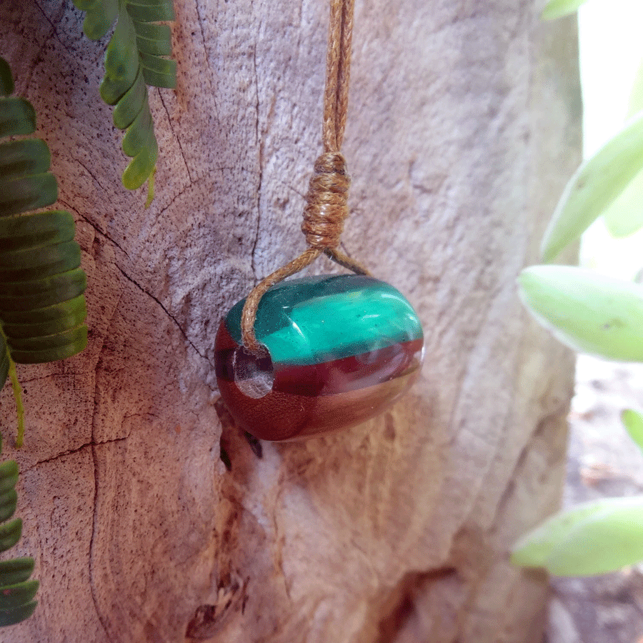 Driftwood with green and red resin