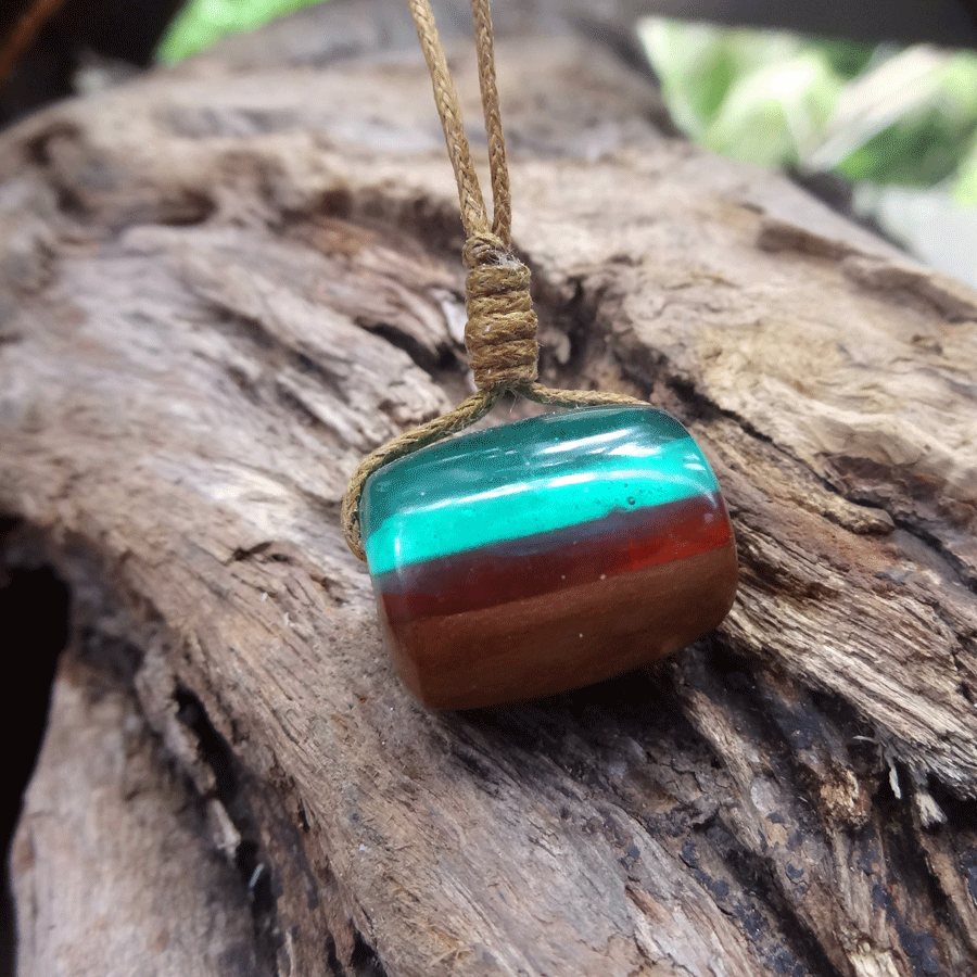 Driftwood with green and red resin