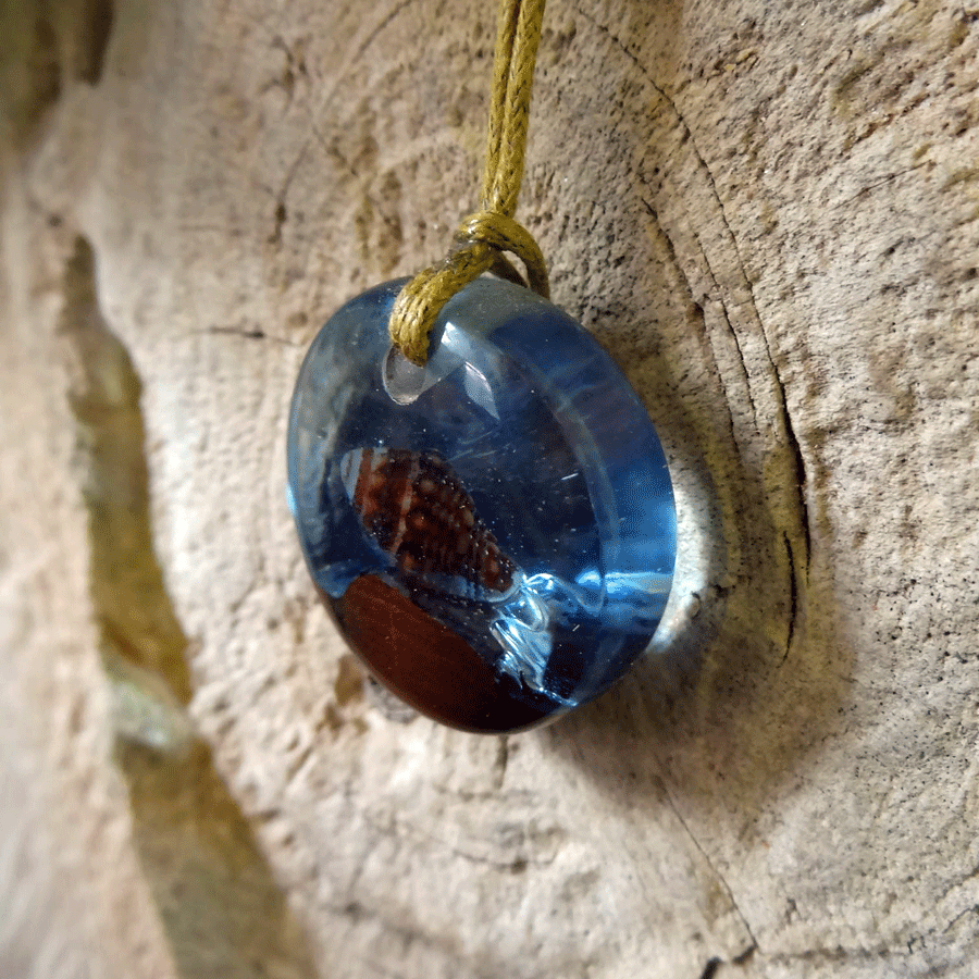 Driftwood with light blue resin and shell