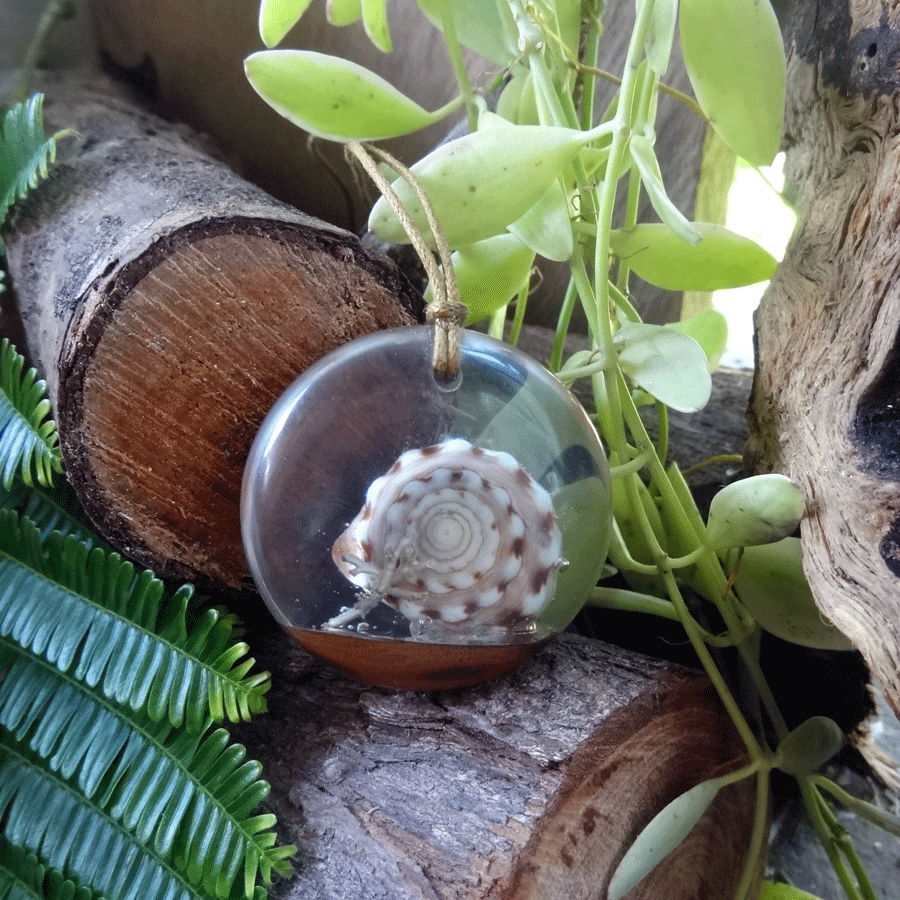 Driftwood with light blue resin and shell