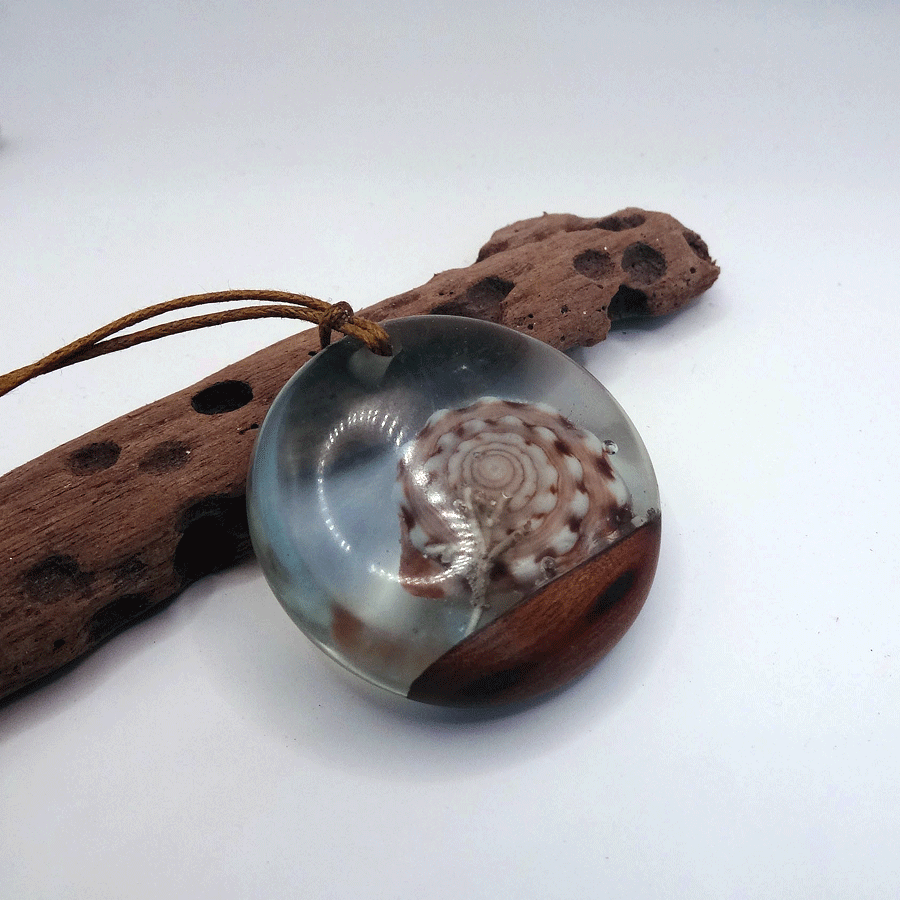 Driftwood with light blue resin and shell