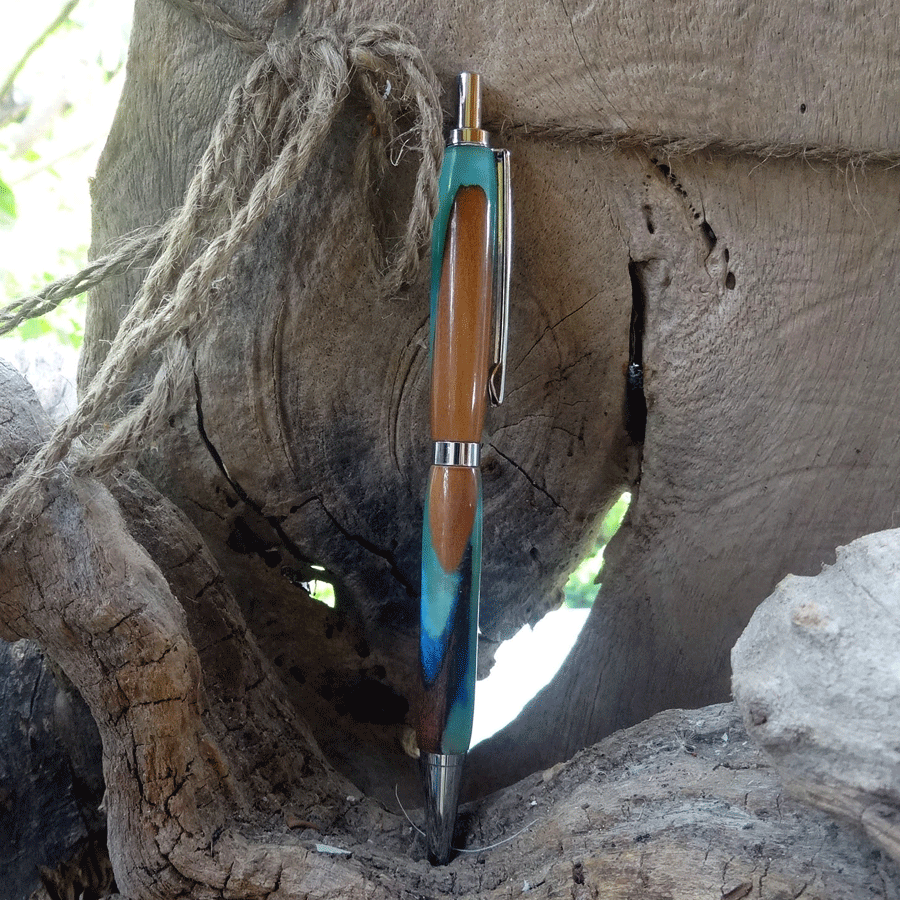 Driftwood and blue and turquoise resin pen