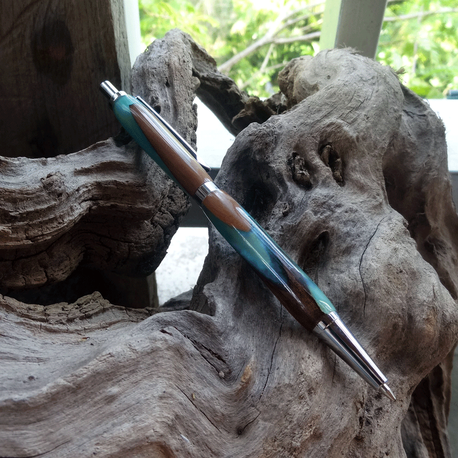 Driftwood and blue and turquoise resin pen