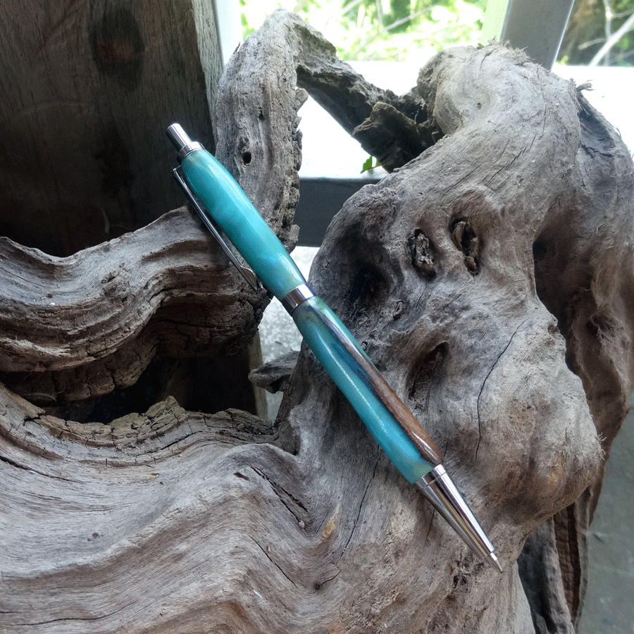 Driftwood and blue and turquoise resin pen