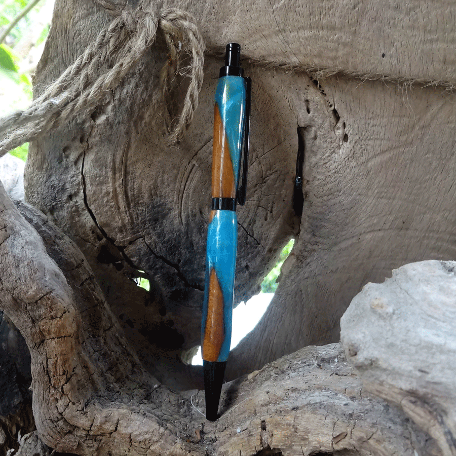 Driftwood and peacock blue resin pen