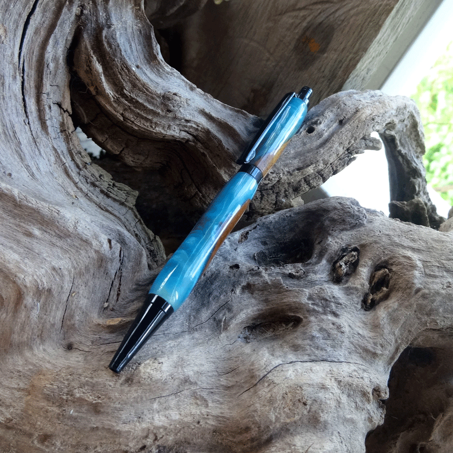 Driftwood and peacock blue resin pen