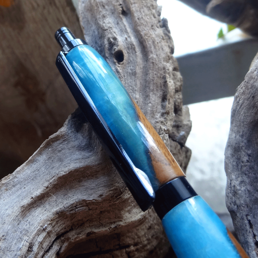 Driftwood and peacock blue resin pen