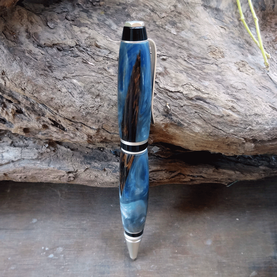 Driftwood and blueish grey resin pen