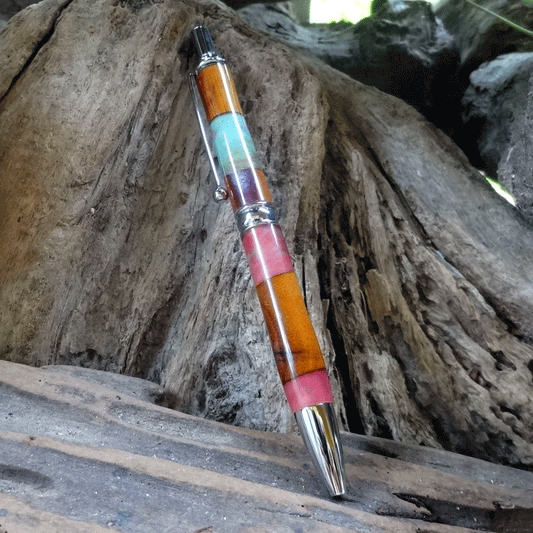 Driftwood and pink and turquoise resin pen