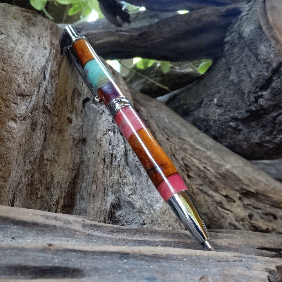 Driftwood and pink and turquoise resin pen