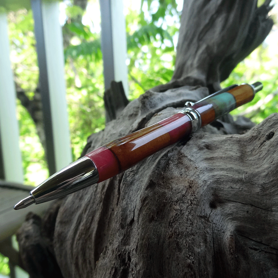 Driftwood and pink and turquoise resin pen