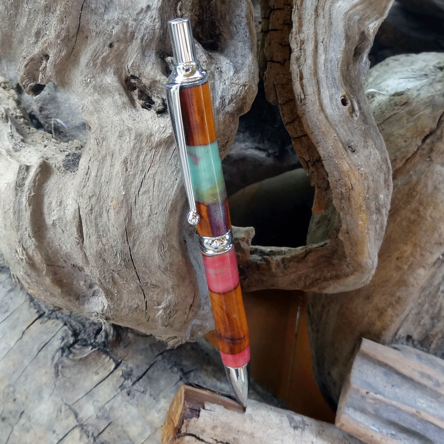 Driftwood and pink and turquoise resin pen