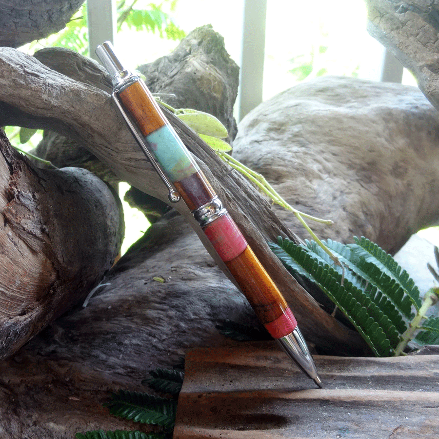 Driftwood and pink and turquoise resin pen