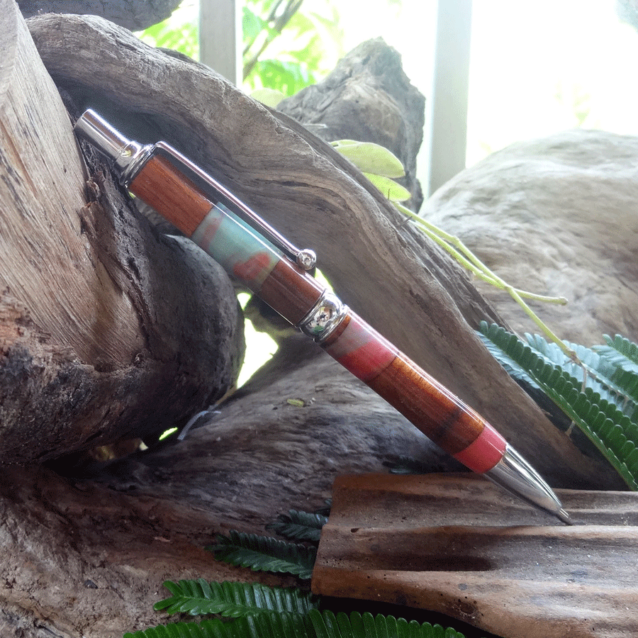 Driftwood and pink and turquoise resin pen