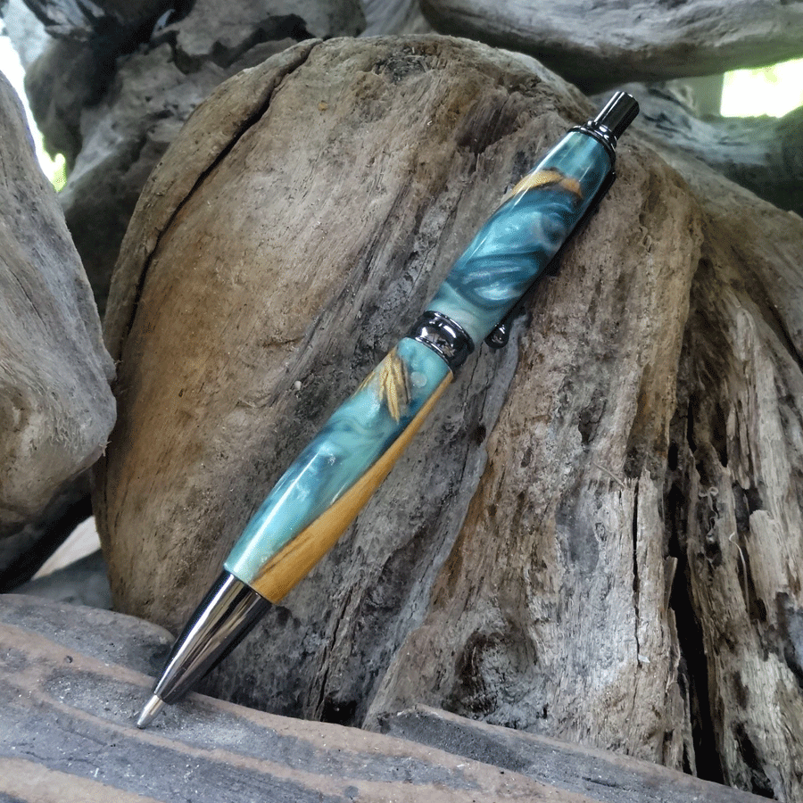 Driftwood and green and pearl resin pen