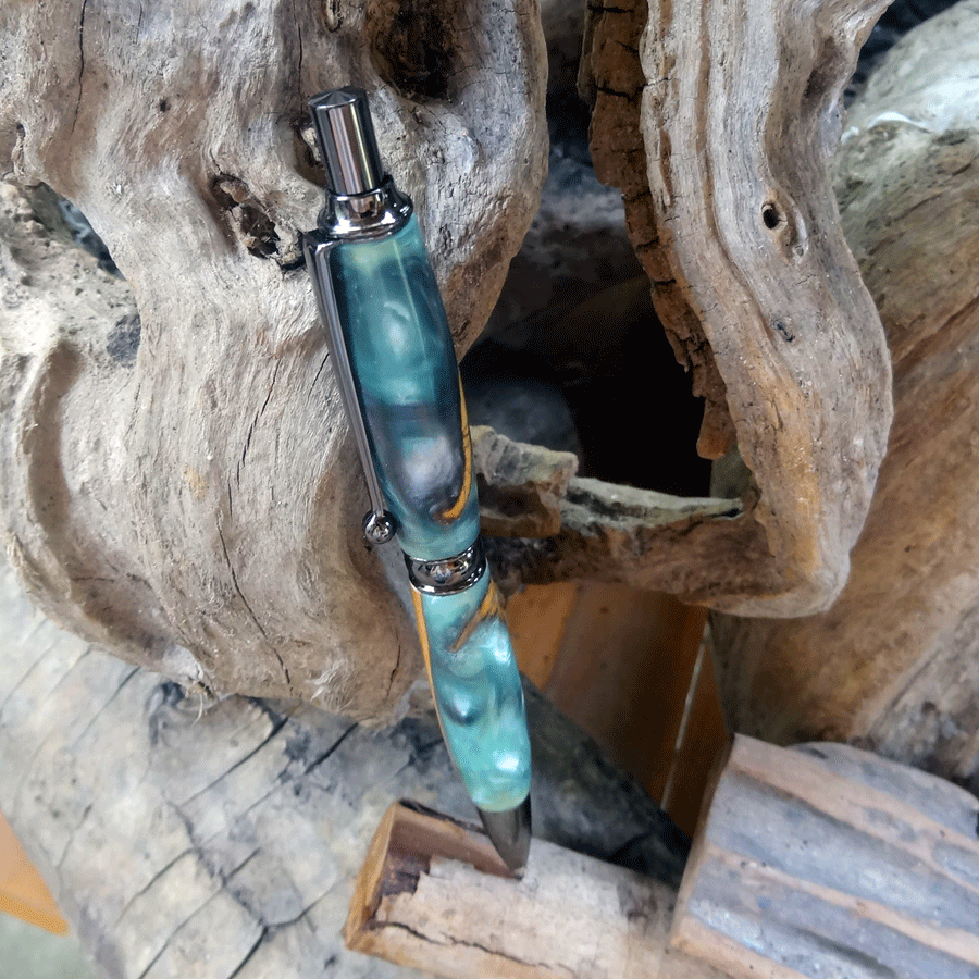 Driftwood and green and pearl resin pen