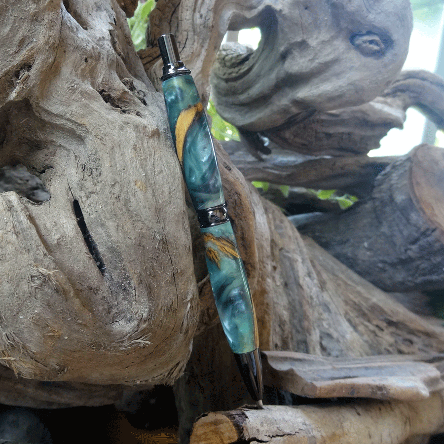 Driftwood and green and pearl resin pen