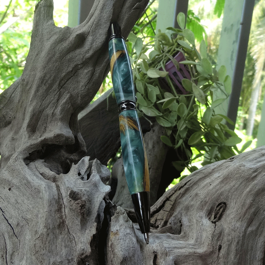 Driftwood and green and pearl resin pen