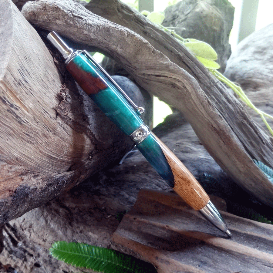 Driftwood and teal and blue resin pen