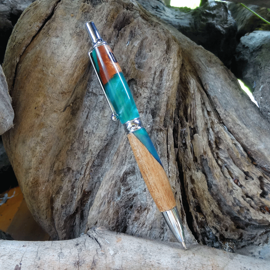 Driftwood and teal and blue resin pen