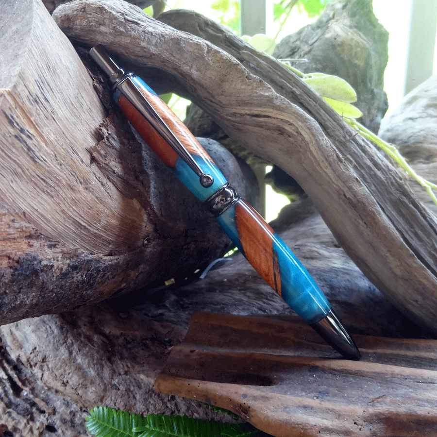 Driftwood and turquoise and blue resin pen