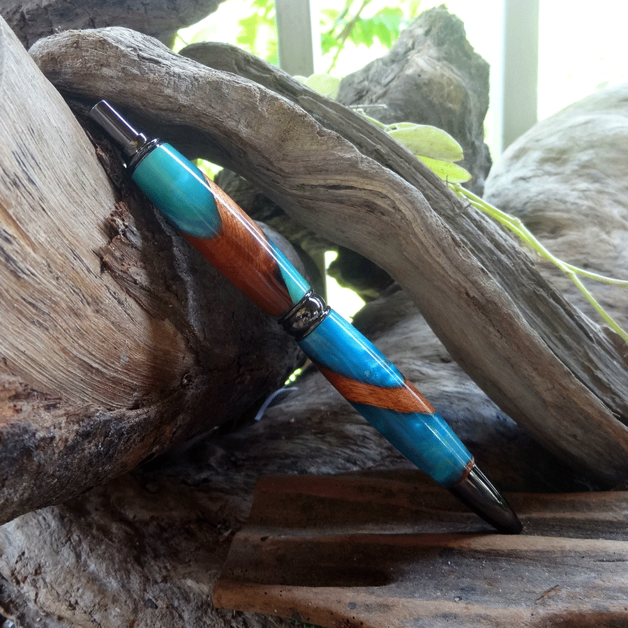 Driftwood and turquoise and blue resin pen