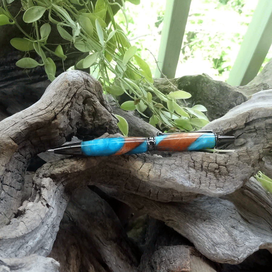 Driftwood and turquoise and blue resin pen