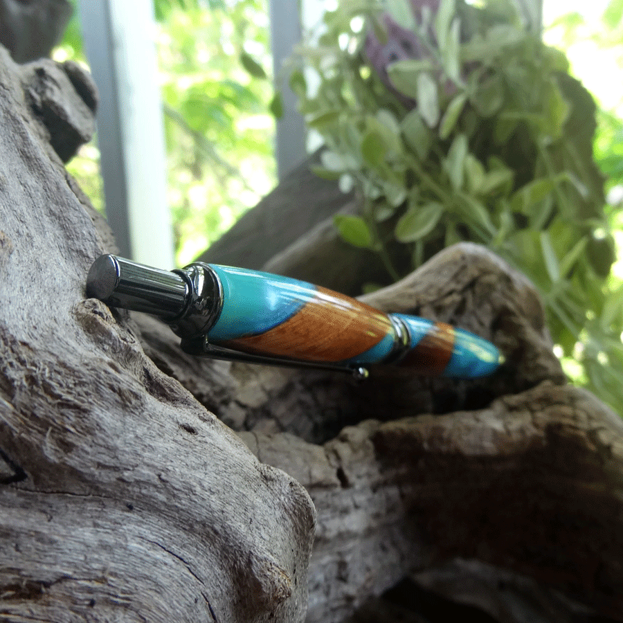 Driftwood and turquoise and blue resin pen