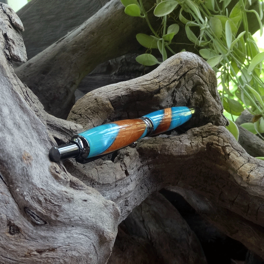 Driftwood and turquoise and blue resin pen