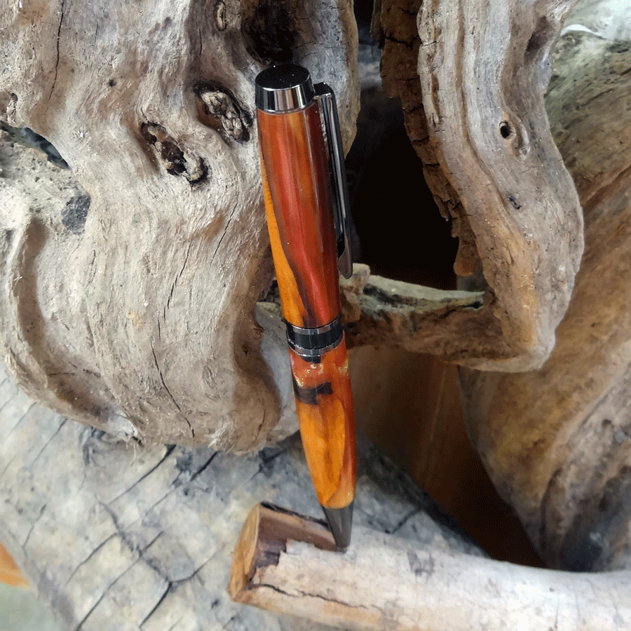 Driftwood and red and gold resin pen