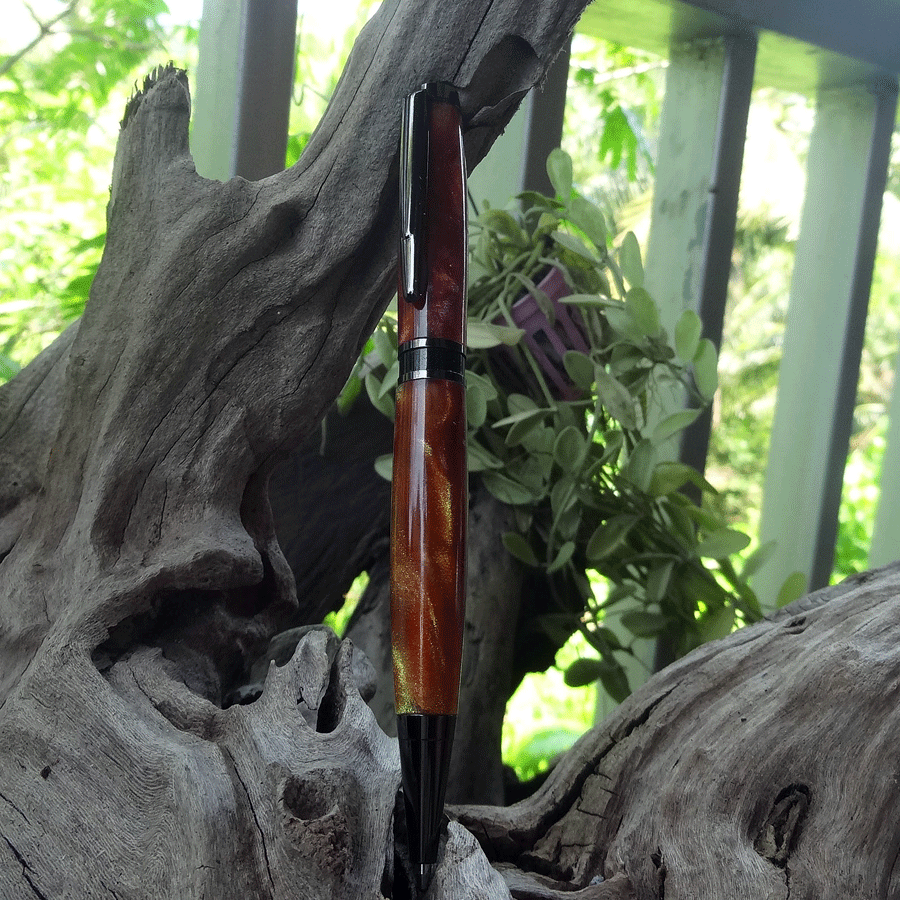 Driftwood and red and gold resin pen