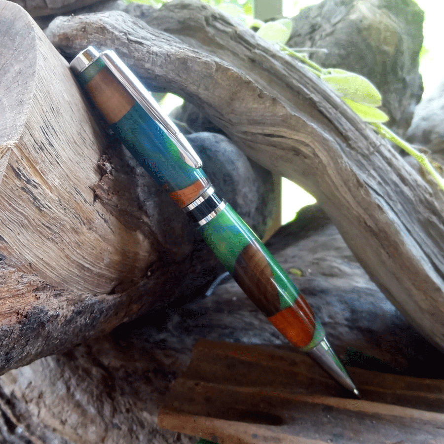 Driftwood and blue and green resin pen