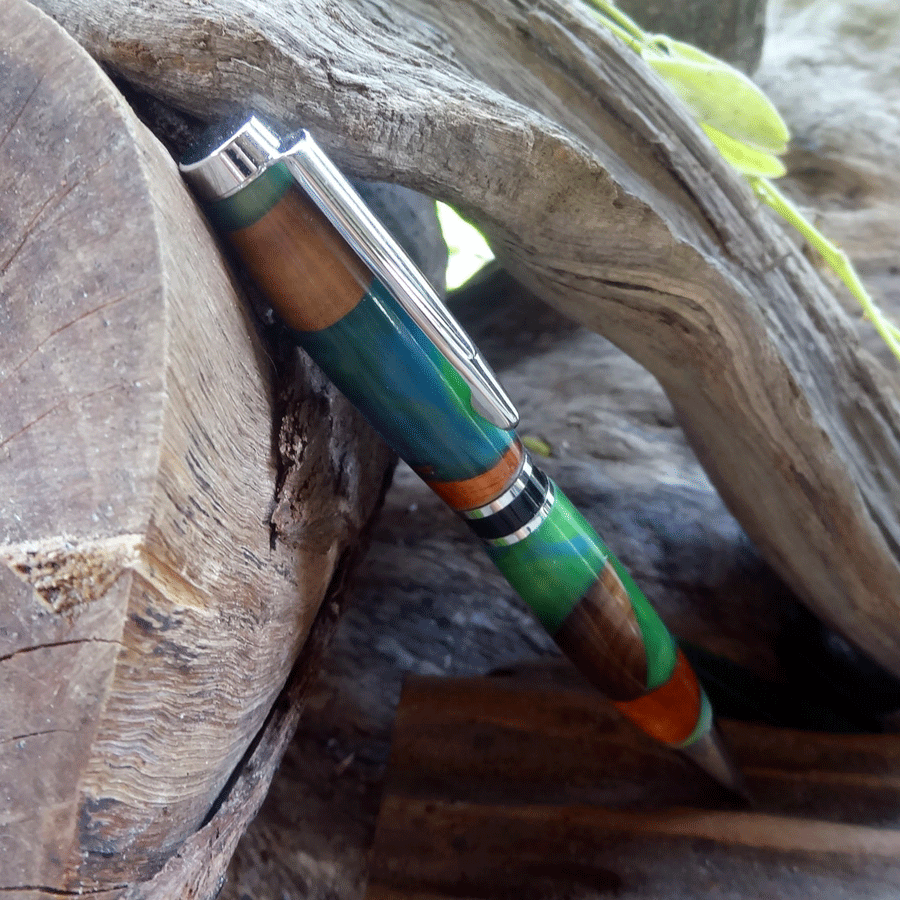 Driftwood and blue and green resin pen