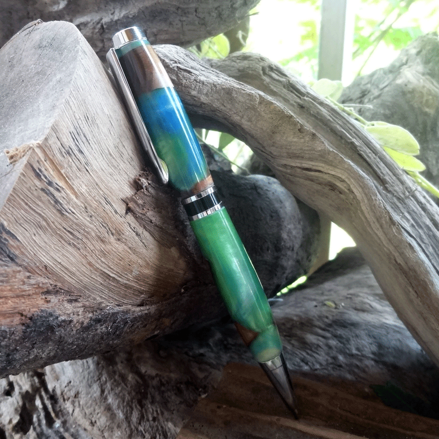 Driftwood and blue and green resin pen