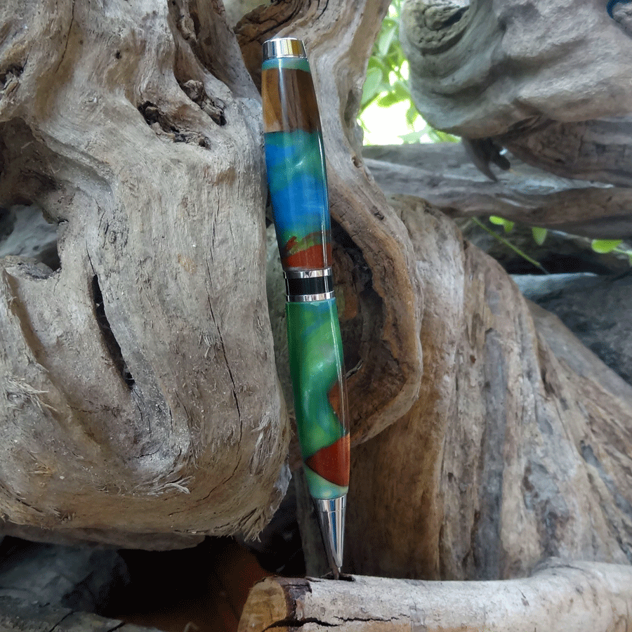 Driftwood and blue and green resin pen