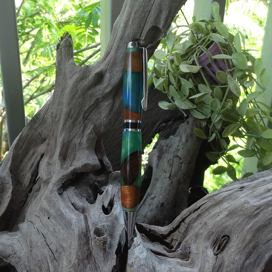 Driftwood and blue and green resin pen