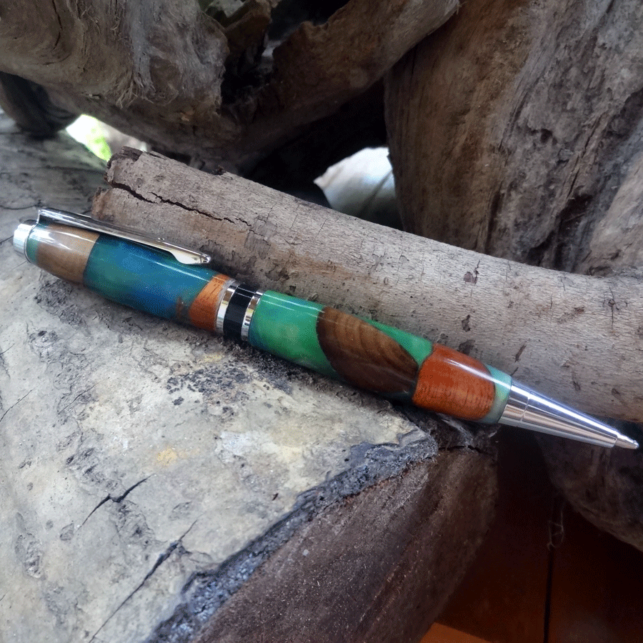 Driftwood and blue and green resin pen