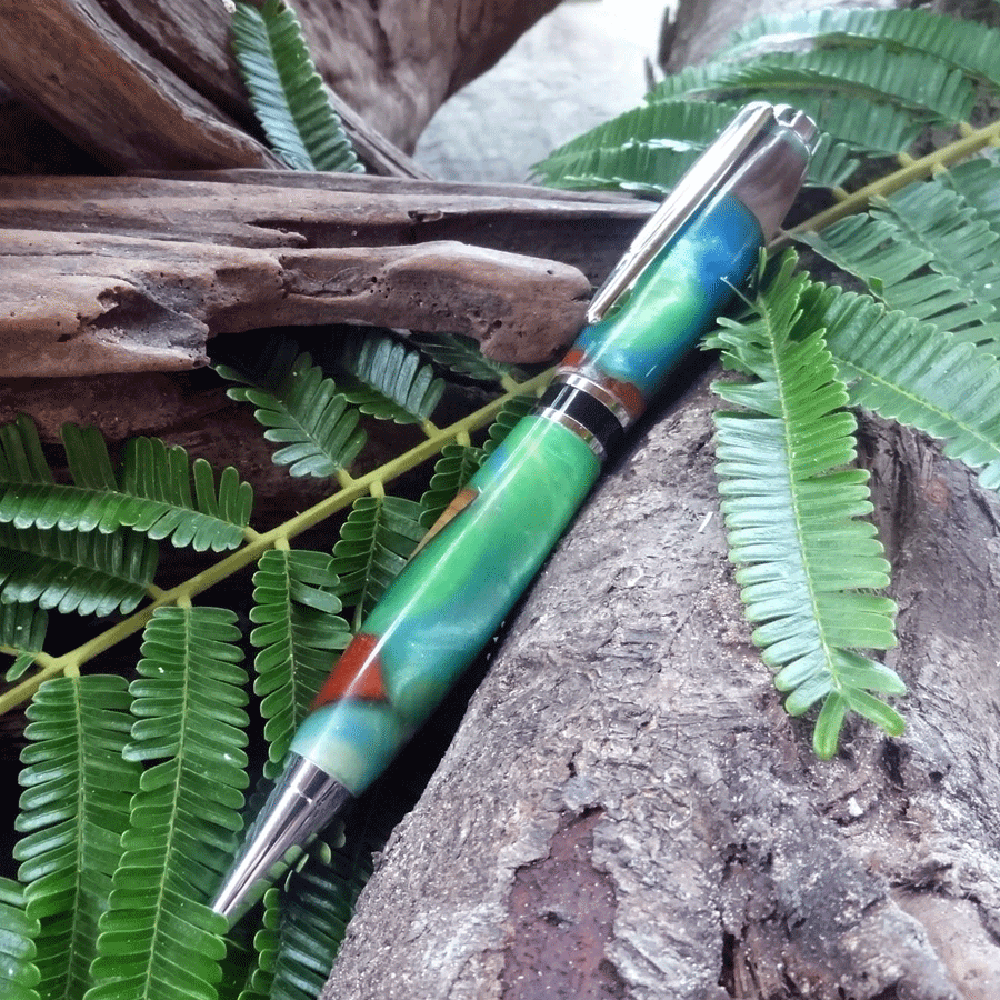 Driftwood and blue and green resin pen