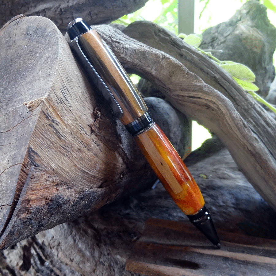 Driftwood and red and yellow resin pen