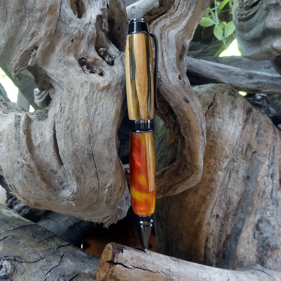 Driftwood and red and yellow resin pen