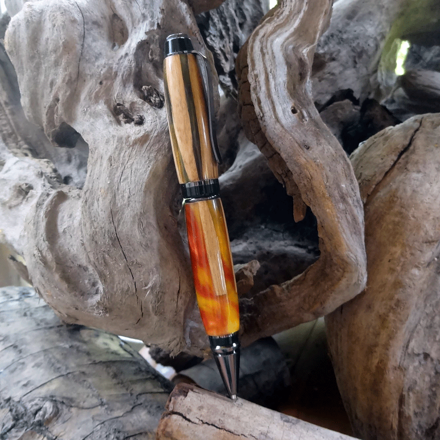 Driftwood and red and yellow resin pen