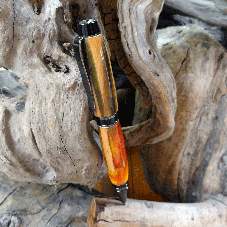 Driftwood and red and yellow resin pen