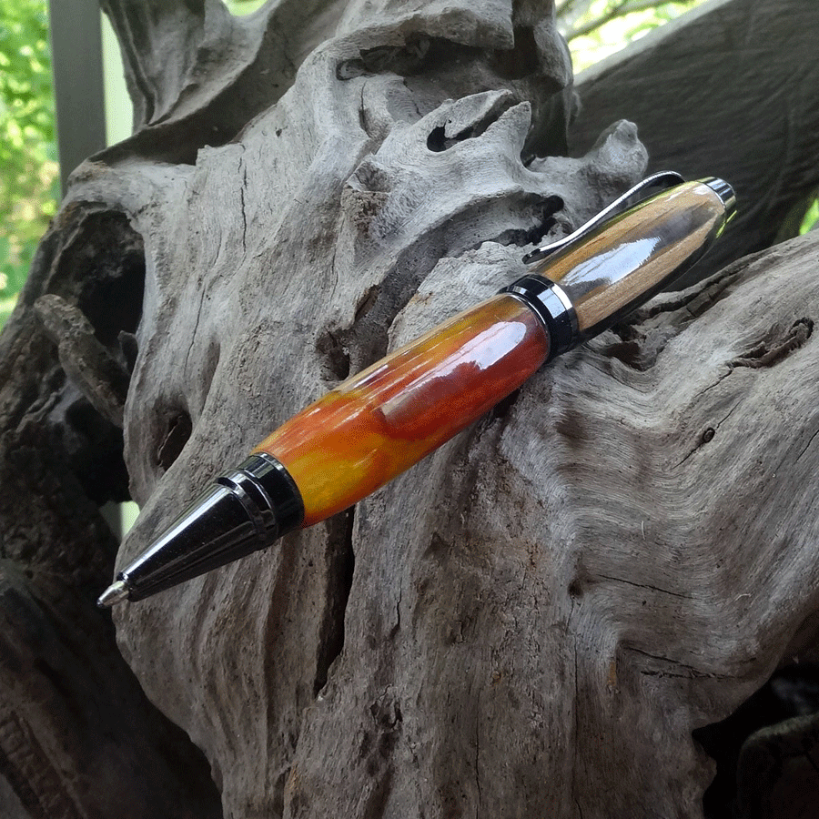 Driftwood and red and yellow resin pen