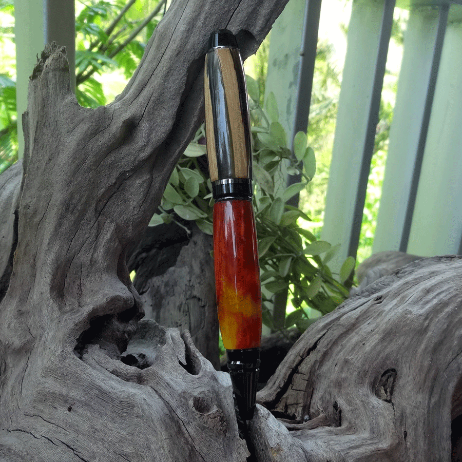 Driftwood and red and yellow resin pen