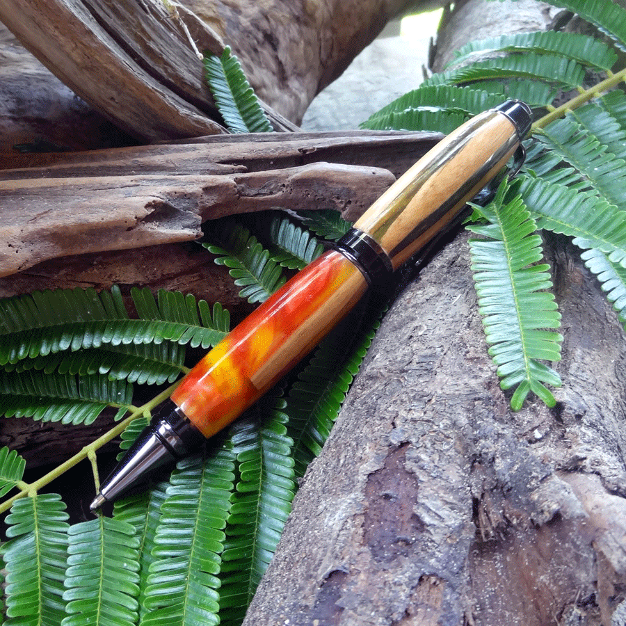 Driftwood and red and yellow resin pen